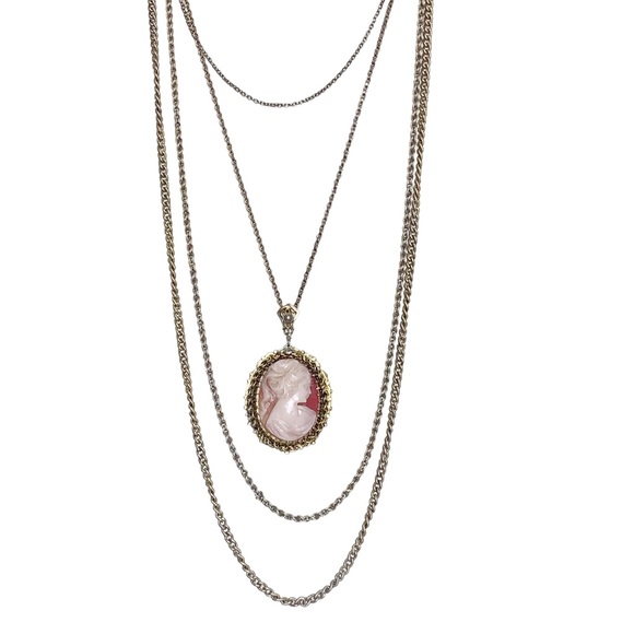 Vintage large cameo on multistrand layered tiered mixed chain necklace - Picture 2 of 14